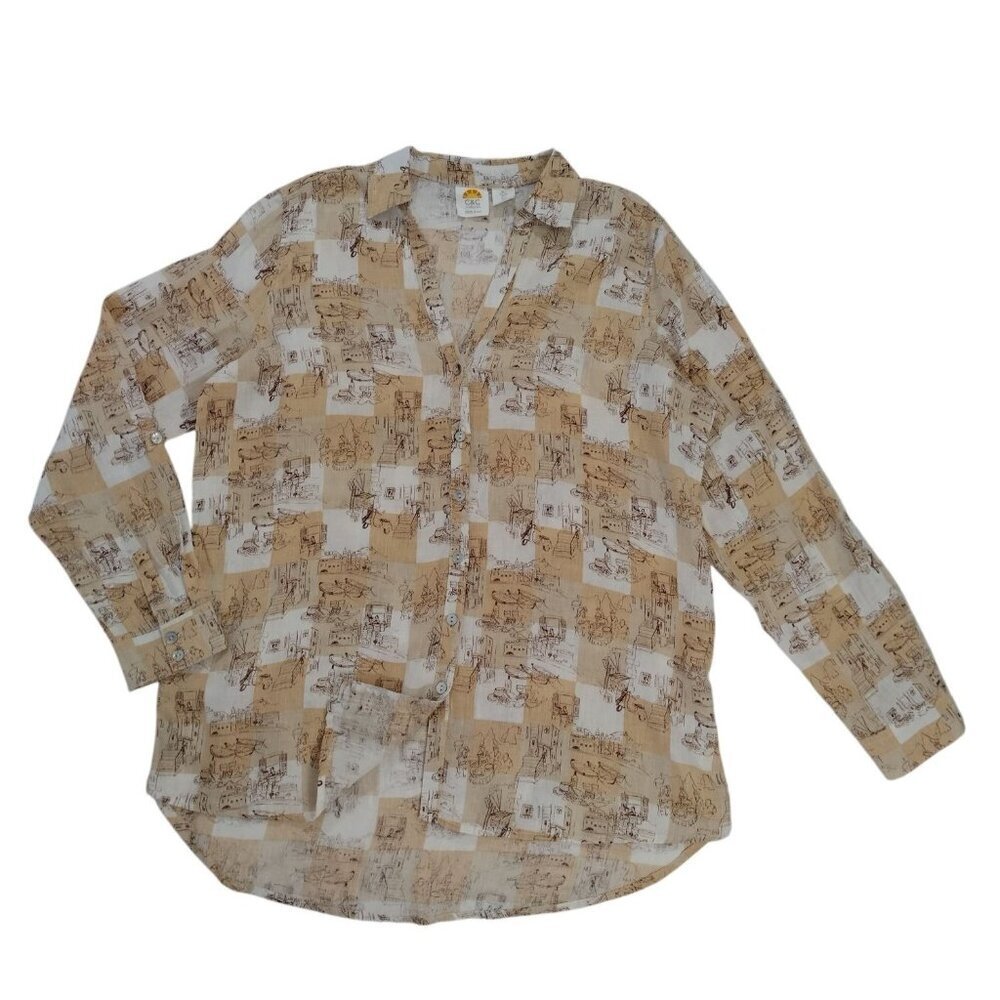 C&C California 100% Linen Beige White Printed Long-Sleeve Shirt Womens Size L.